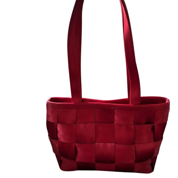 Vintage Harvey’s Woven Seatbelt Bag Medium Red Handbag Purse Gray Logo Interior - Picture 4 of 11